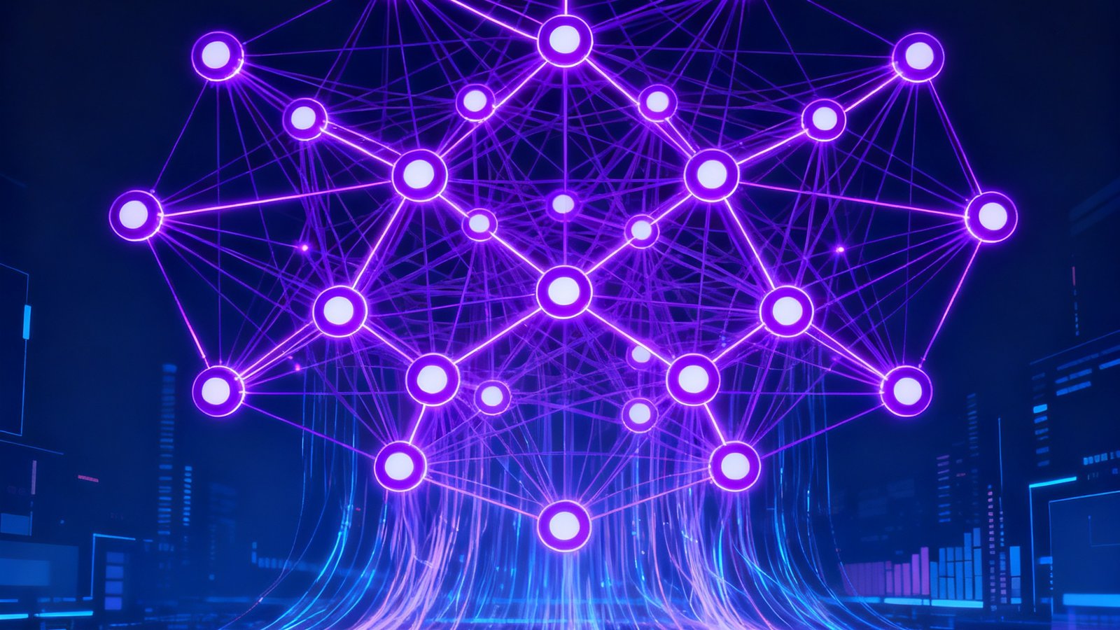 深蓝预测引擎技术架构的可视化图表，多层神经网络节点以霓虹紫色连线交织，呈现复杂的数据处理流程